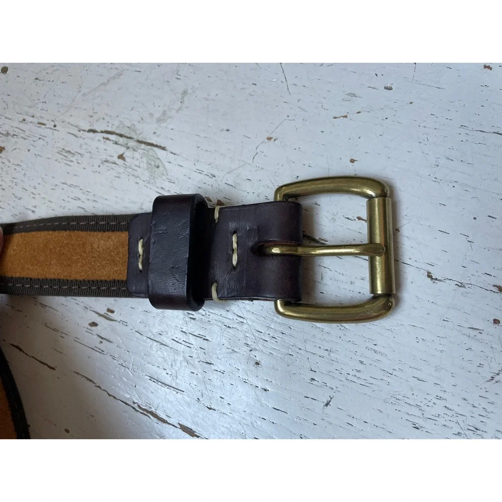 Bills Khakis Mens Brown Leather Tan Suede Canvas Trim Belt Brass Buckle Size 42
